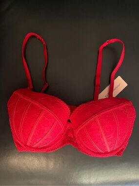 Red Lace Underwire Balconette Bra pushup size 32D new with tags Eve’s temptation
